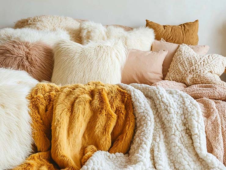 A bed covered with pillows and blankets from different materials 