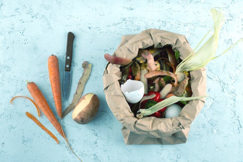 Table with composts, knife, carrots and potato