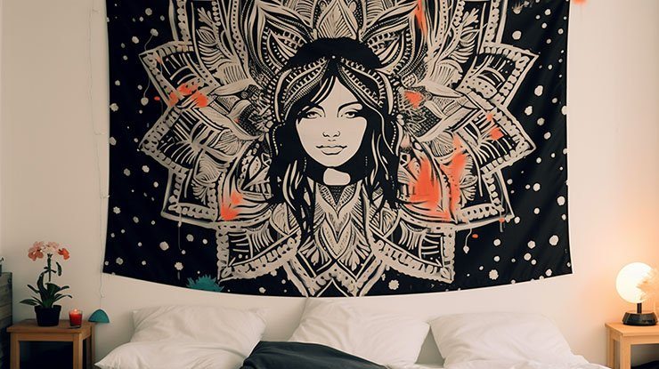 Tapestry on the wall above a bed