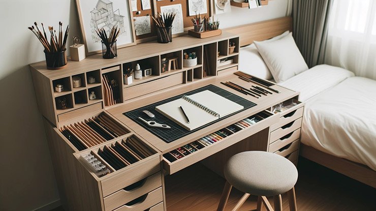 Artistic desk with brushes and pencils on it