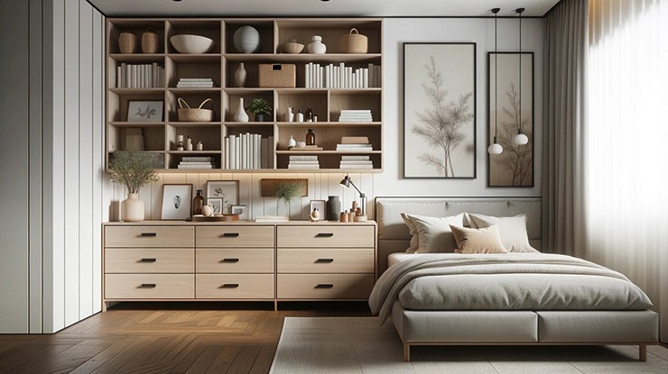 Dresser with open shelves in a bedroom