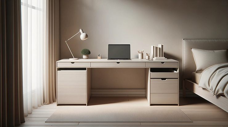 Minimalist beige desk next to a bed