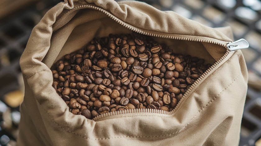 Coffee beans in a canvas bag with a zipper