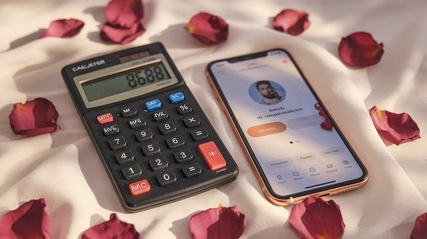 A delusion calculator and smartphone placed on a bed surrounded by rose petals